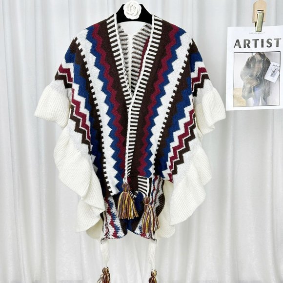 Chevron Ruffle Shawl with Tassels | Women Bohemian Poncho Wrap Cloak #1269 - Picture 2 of 2
